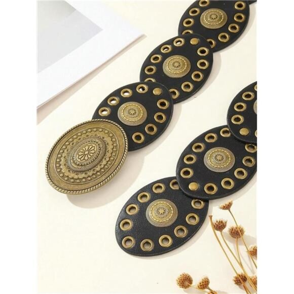 ? Hollow Wide Disc Western Belt for Women – Adjustable PU Leather Waist Belt main image 7